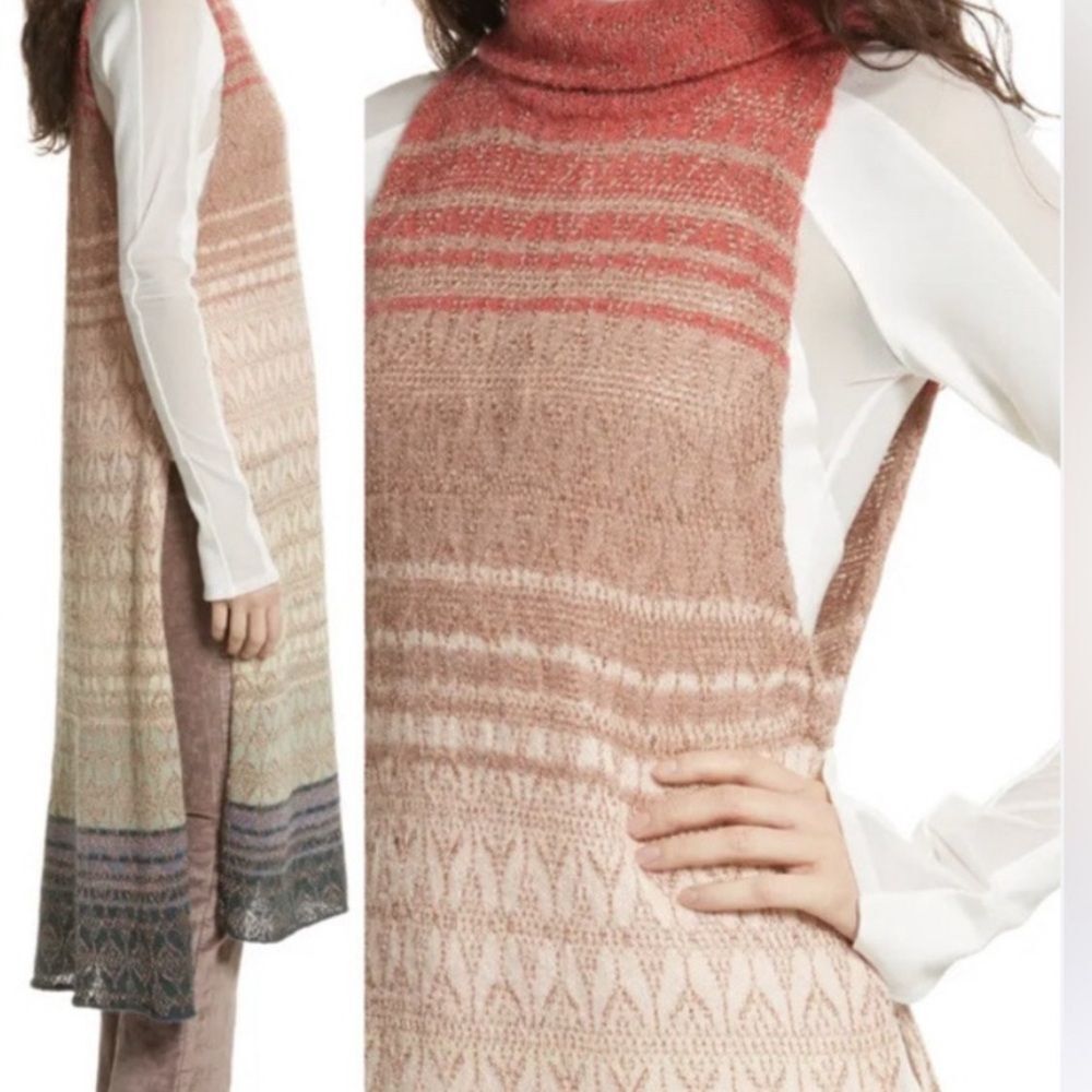 Free People Rose Gold Threaded Rainbow Long Knit Turtleneck Tunic NWOT